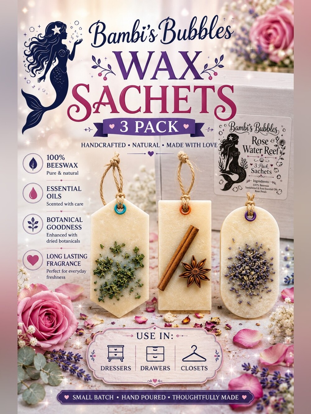 LOW STOCK!  Hand Crafted Wax Sachets 3 Pack With Organza Bags